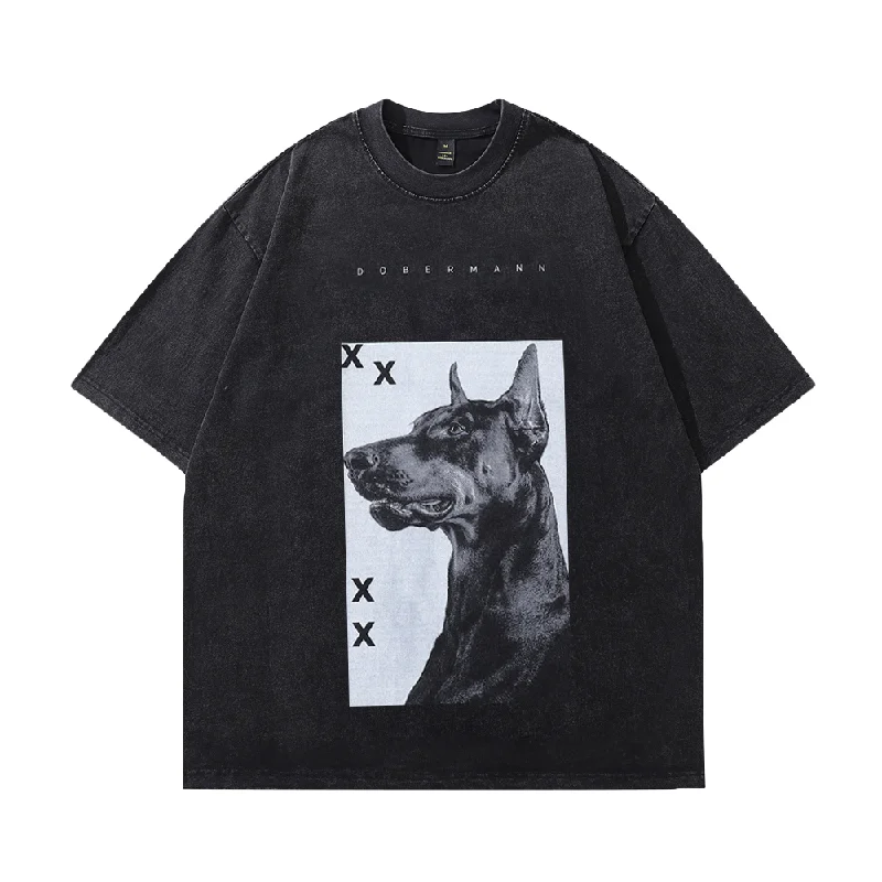 Black And White Doberman Washed T-ShirtHip-Hop T-Shirts