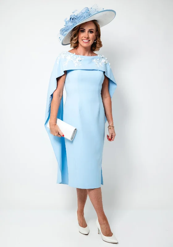 John Charles Applique Cape Midi Pencil Dress, Ice Blue and Ivory