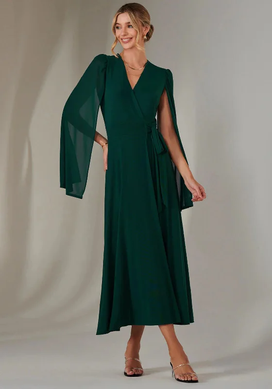 Jolie Moi Amira Cape Sleeve Wrap Dress, Dark Green