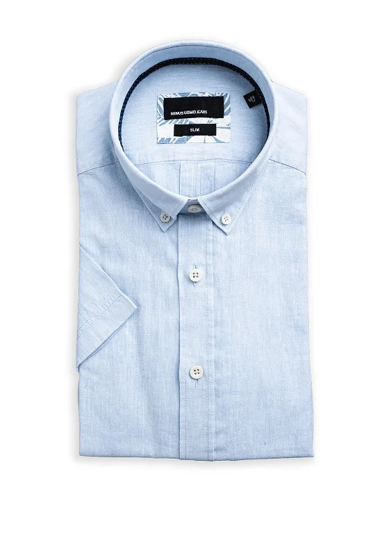 Polyester Short Sleeve TopsRemus Uomo Ashton Linen Blend Short Sleeve Shirt, Light Blue