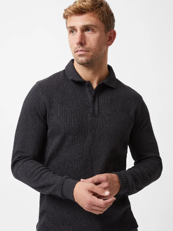 Textured Long Sleeve Polo ShirtBand collar polo shirt