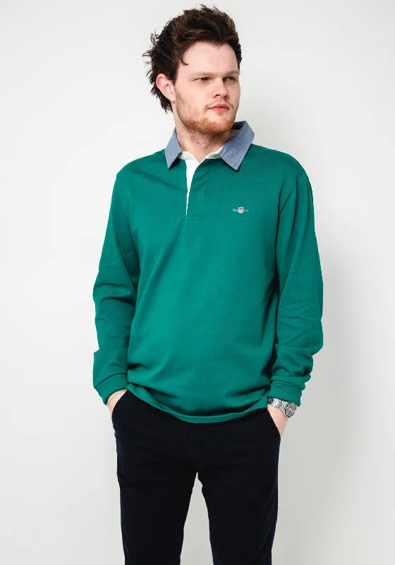 Gant Chambray Heavy Rugger Polo Shirt, Deep GreenLinen polo shirt