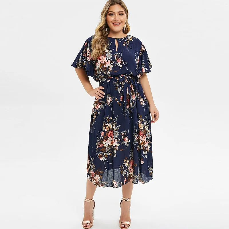 Rosegal Plus Size Floral Print Bell Sleeve Midi Dress A-Line Short Sleeves Women Party Dress Bohemian Maxi Dress Holiady Vestido