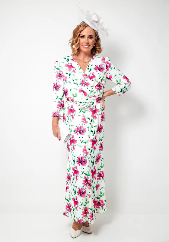 Cassandra Oral Floral Print Wrap Midi Dress, Ivory and Pink