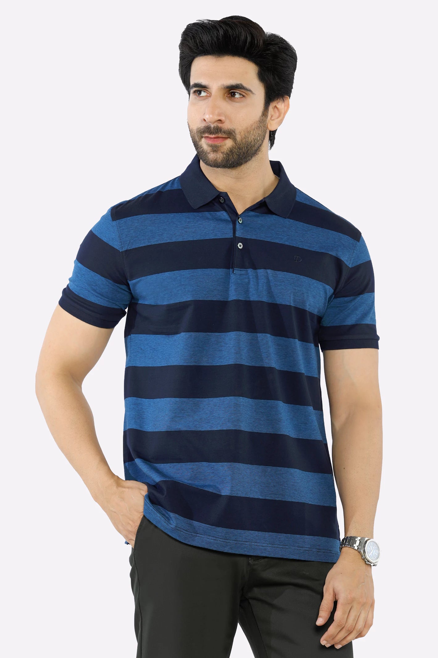 Navy Blue Yarn Dyed PoloPlus-size polo shirt