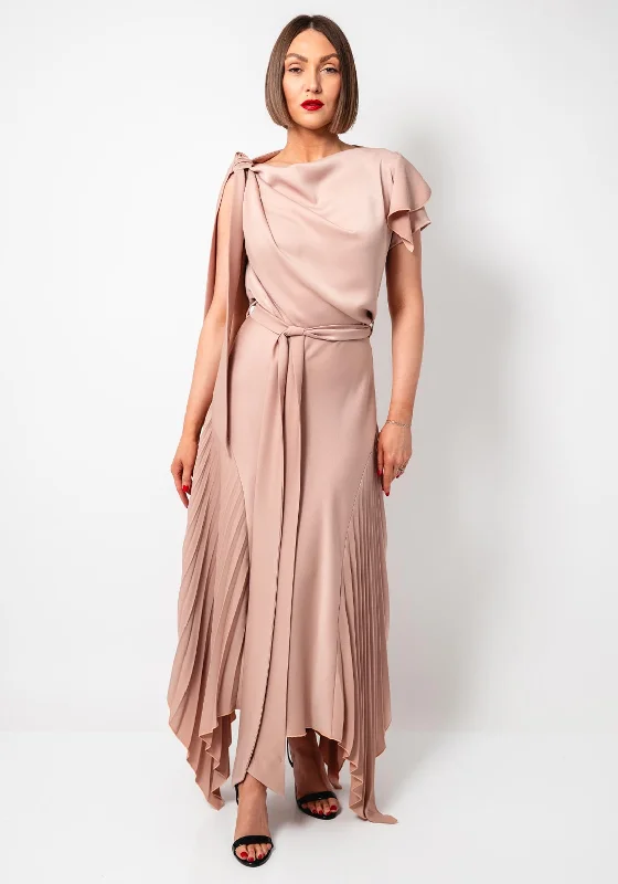 Kevan Jon Emilia Asymmetric Pleated Dress, Latte