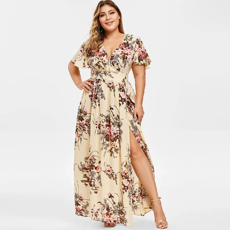 Rosegal Plus Size Plunging Neck Floral Split Maxi Dress High Wasit V-Neck A-Line Dress Summer Bodycon Women Party Dress Robe