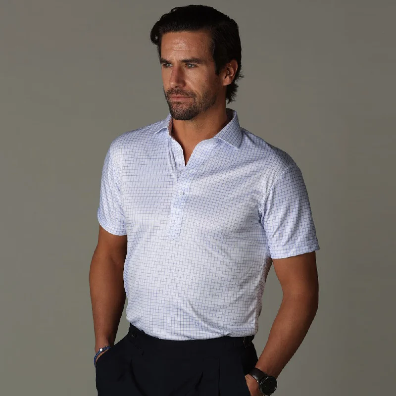 Semi-Spread Collar Polo Thin Blue CheckPatched polo shirt