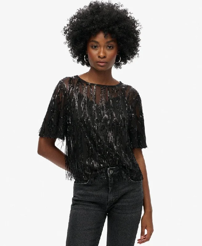 Tie-Dye Short Sleeve TopsSheer Short Sleeve Sequin Top | Black Fringe