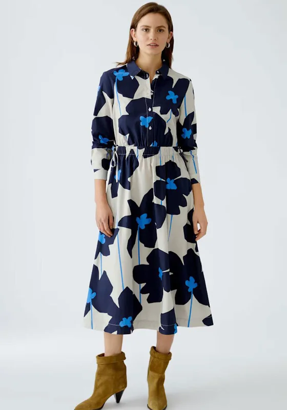 Oui Floral Elasticated Waist Midi Shirt Dress, Navy