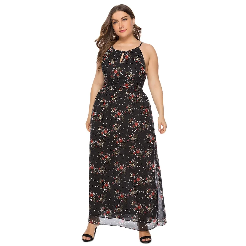 Rosegal Plus Size Dress Women Spaghetti Strap Floral Print Keyhole Neck A-Line High Waist Long Dress Summer Holiday Maxi Dress