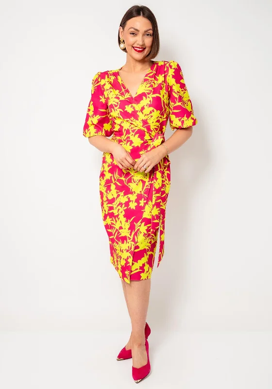 Coco Doll Laney Floral Print Wrap Dress, Pink and Yellow