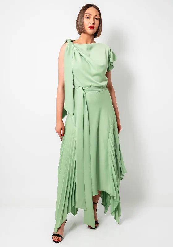 Kevan Jon Emilia Asymmetric Pleated Dress, Pistachio Green