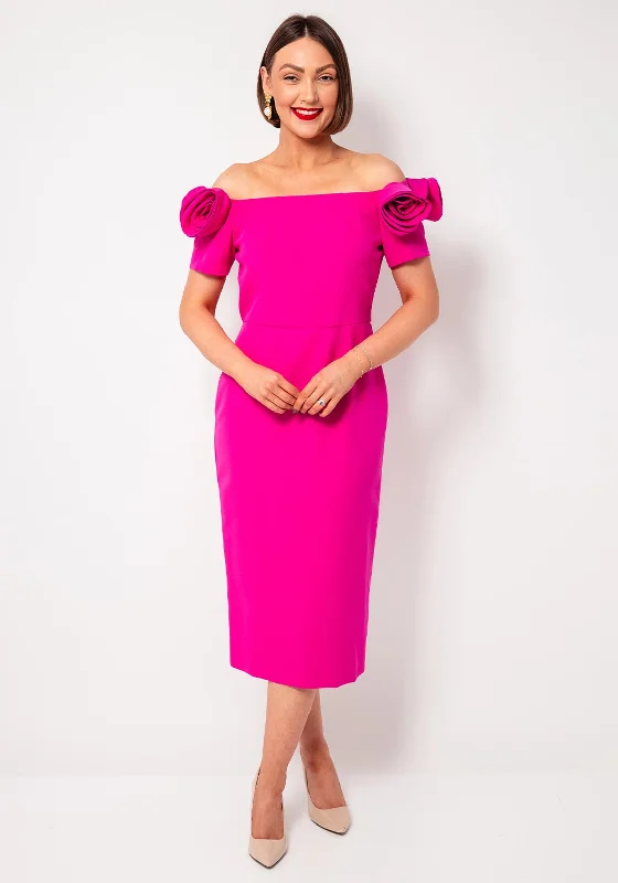 Casting Fabric Flower Bardot Midi Dress, Fuchsia