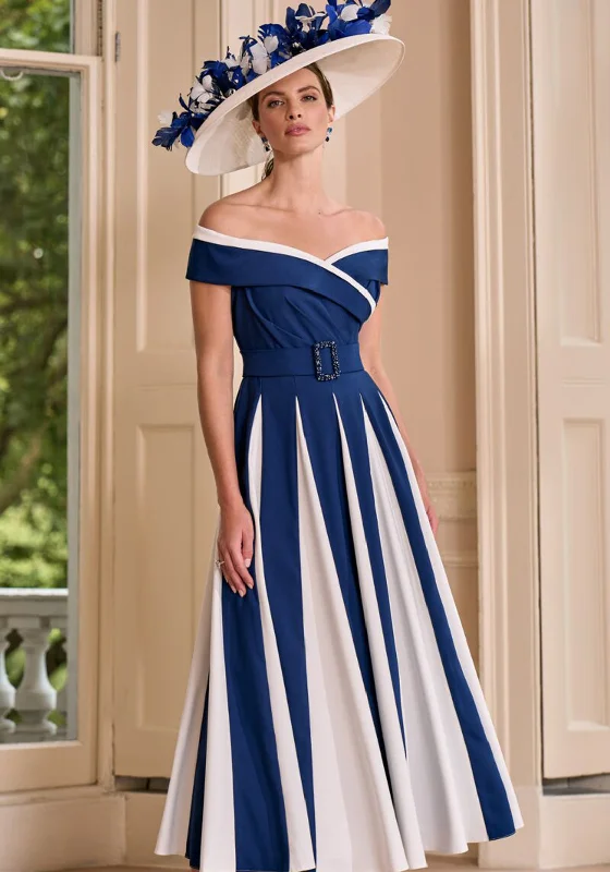 John Charles Bardot Pleated A-line Dress, Navy and Ivory