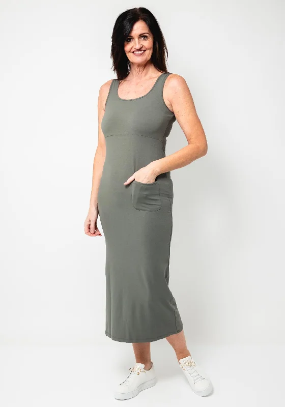 Naya Pocket Sleeveless Round Neck Dress, Khaki Green