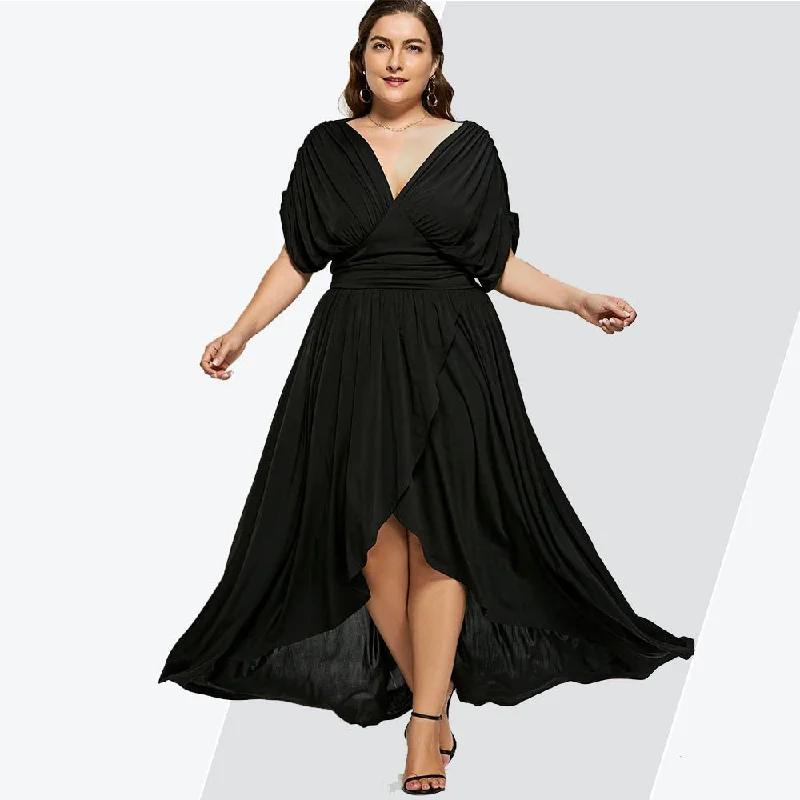 Rosegal High Low Plus Size Maxi Flowy Dress High Waist Party Dress Women Black V-Neck Short Sleeves Ladies Dresses 2019 Vestidos