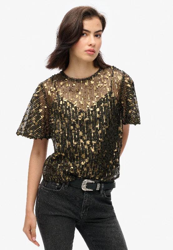 Striped Short Sleeve TopsSheer Short Sleeve Sequin Top | Brass Sequin