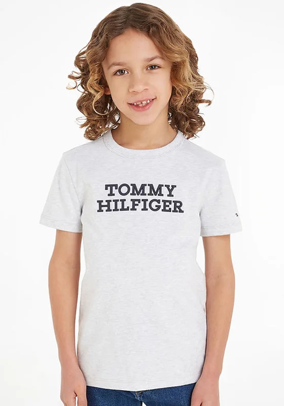 Branded Short Sleeve TopsTommy Hilfiger Boys Short Sleeve Logo Tee, Light Grey Heather