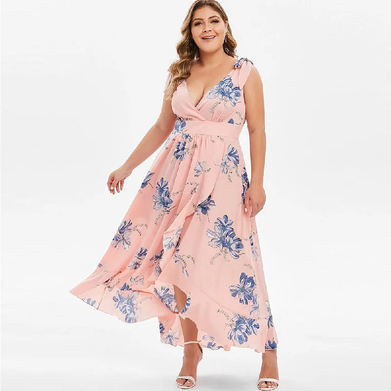 Rosegal Plus Size Floral Print Tie Shoulder High Low Dress Women Asymmetrical Ankle-Length V-Neck Sleeveless Party Maxi Dress