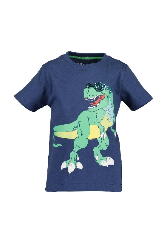 Skateboard Short Sleeve TopsBlue Seven Boy Sequin Dino Short Sleeve Tee, Navy