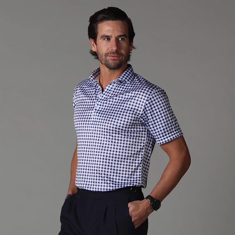 Semi-Spread Collar Polo Navy GinghamTech polo shirt