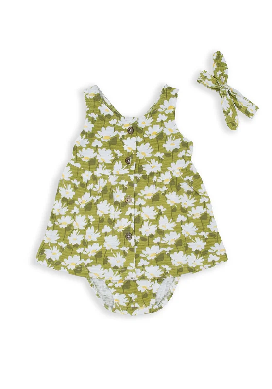 Babybol Baby Girl Floral Dress Pant And Headband Set, Green