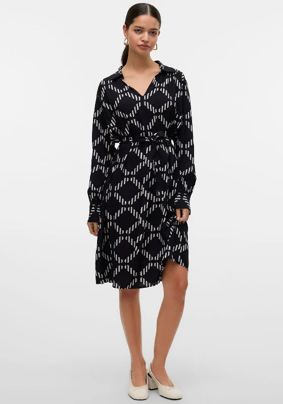 Vero Moda Brina Printed V Neck Dress, Black