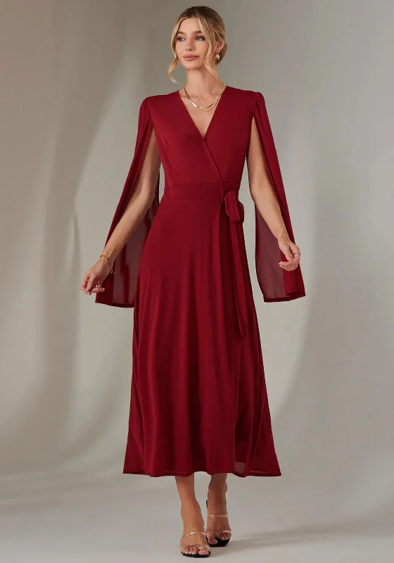 Jolie Moi Amira Cape Sleeve Wrap Dress, Dark Red