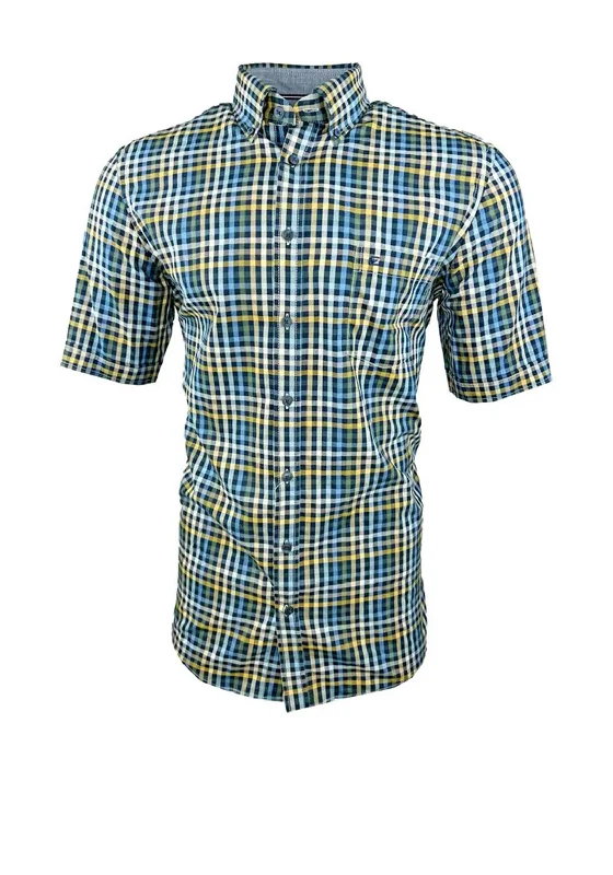 Sleep Short Sleeve TopsCasa Moda Short Sleeve Yellow Gingham Shirt, Navy & Green