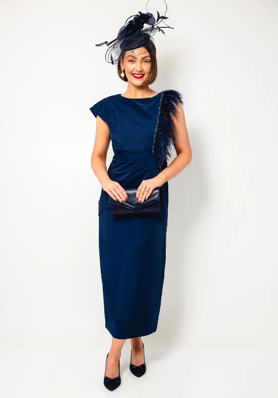 John Charles Asymmetric Feather Pencil Dress, Navy