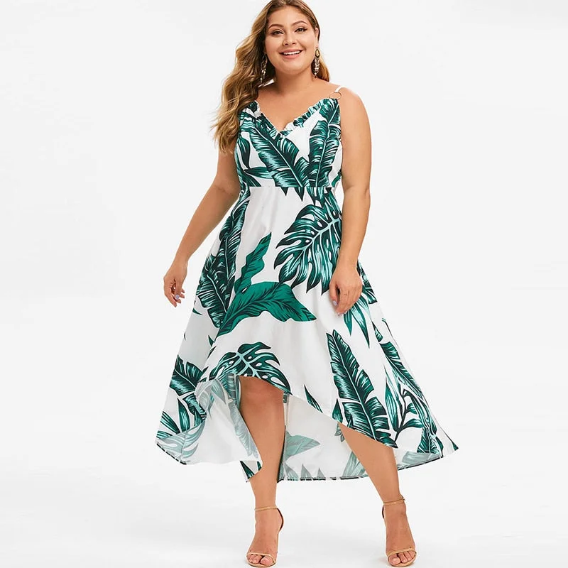 ROSEGAL Women Summer Plus Size Floral Dress Sleeveless Spaghetti Strap Vacation Maxi Dress Tropical Leaf Print Sexy Long Dress