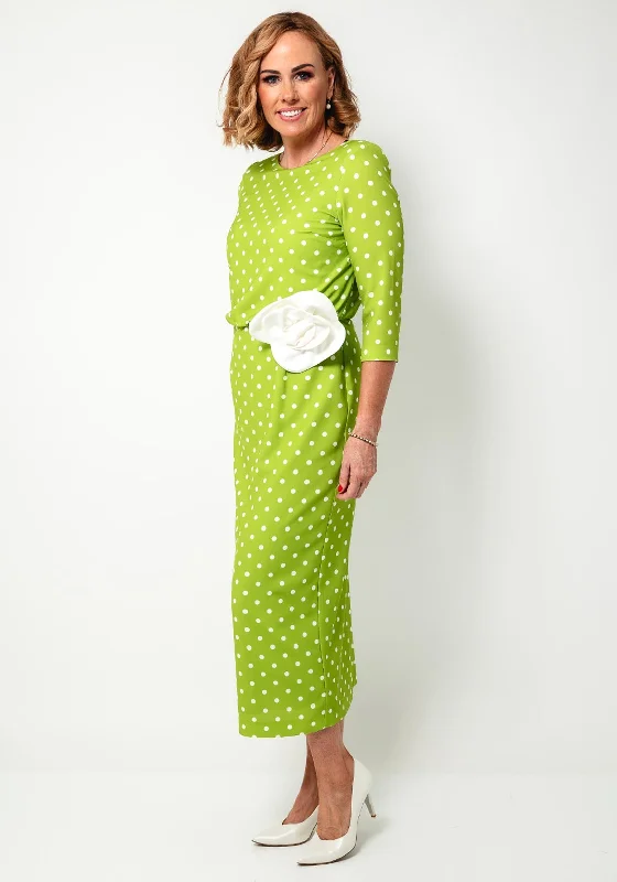 Moncho Heredia Polka Dot Corsage Pencil Dress, Green