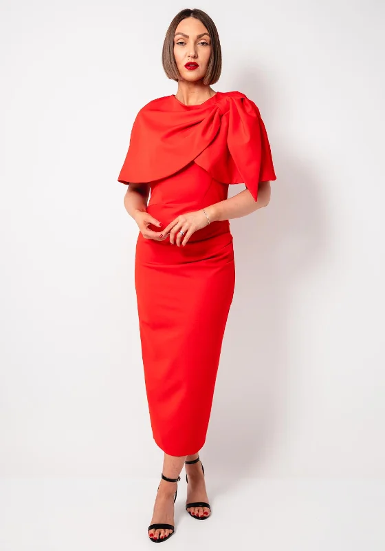 Kevan Jon Nancy Pencil Dress with Cape, Tomato Red