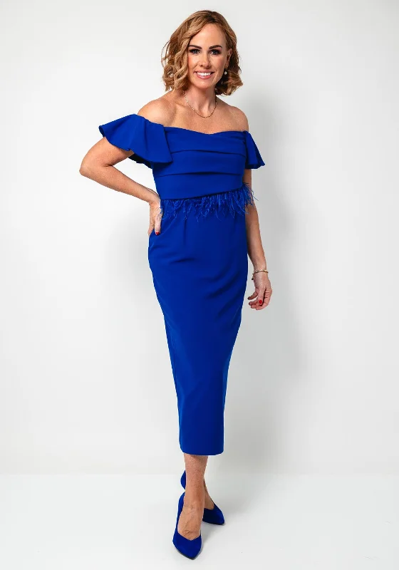 Mocho Heredia Feather Trim Bardot Pencil Dress, Royal Blue