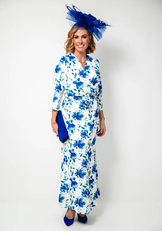 Cassandra Orla Floral Print Wrap Midi Dress, Ivory and Blue