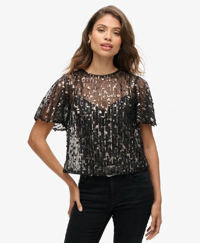 Colorblock Short Sleeve TopsSheer Short Sleeve Sequin Top | Pewter Sequin