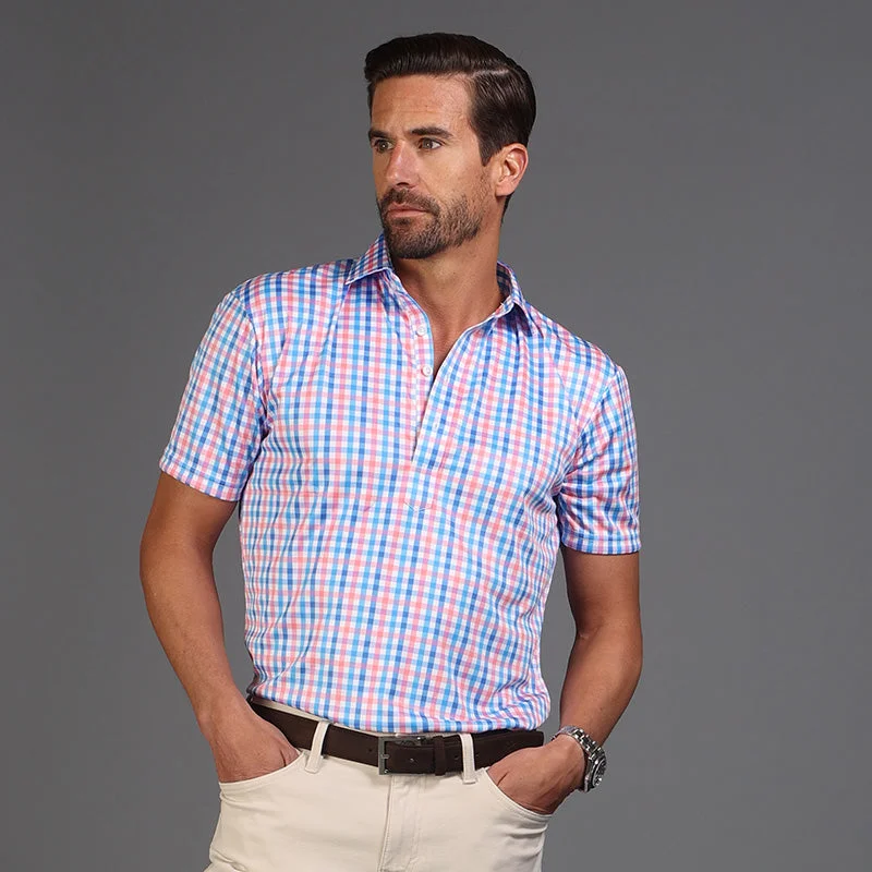 Semi-Spread Collar Polo Nantucket Blue and Pink GinghamRecycled polo shirt