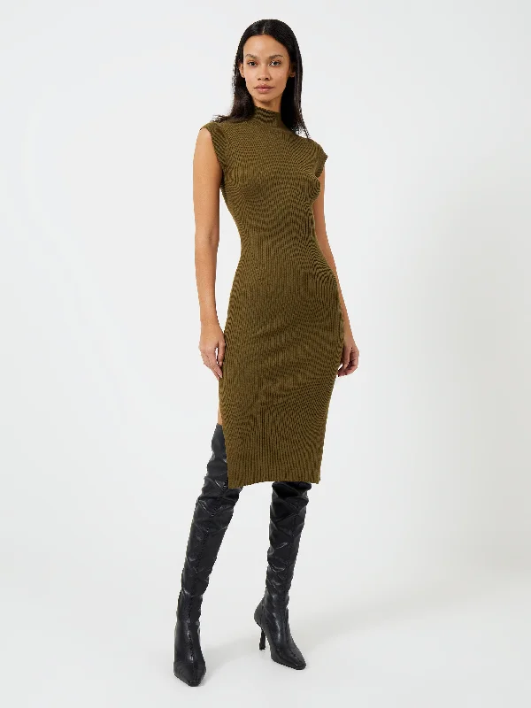 RIBBED FUNNEL NECK SLEEVELESS MIDI DRESS