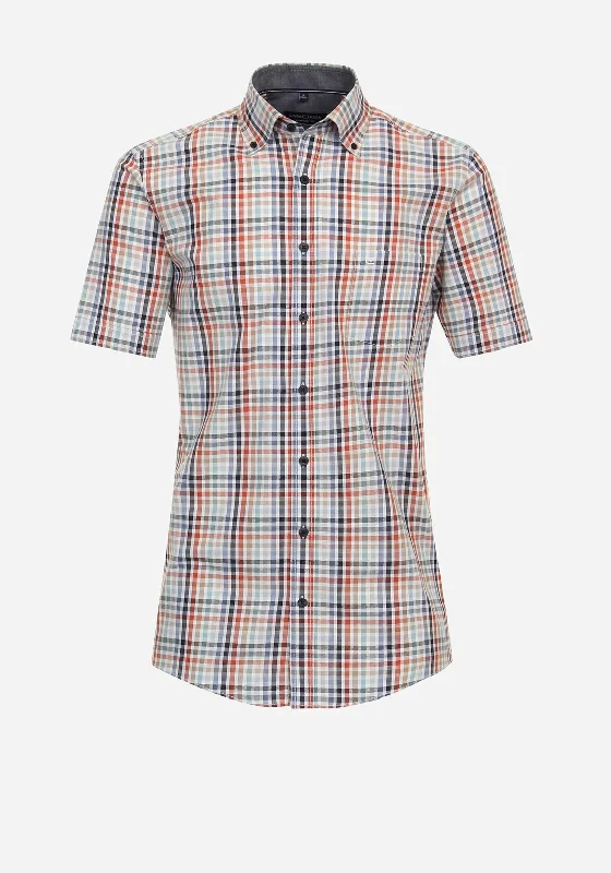 Crewneck Short Sleeve TopsCasa Moda Spring Gingham Short Sleeve Shirt, Tangerine Tango