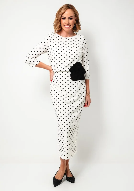 Moncho Heredia Polka Dot Corsage Pencil Dress, Ivory