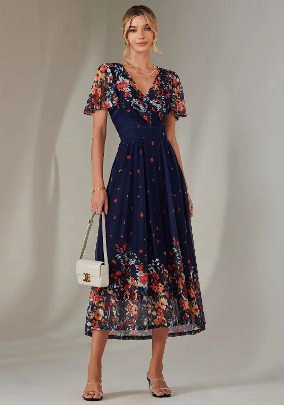 Jolie Moi Mirror Floral Wrap Dress, Navy Multi