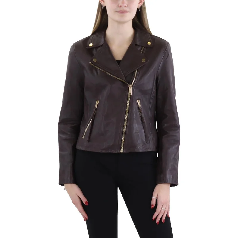 Womens Lambskin Leather Asymmetric Motorcycle JacketRuffled Jackets