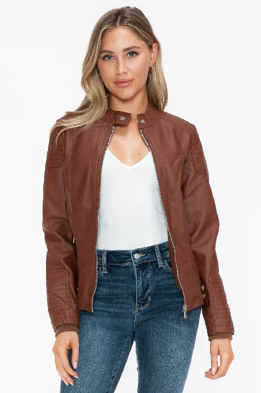 Brown Faux Leather Biker Jacket with Side Zip PocketsNylon Jackets