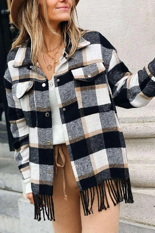 Black Plaid Fringed JacketSports Team Jackets