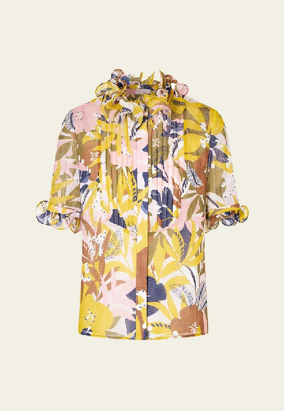 Lace-Up ShirtsYellow Floral Print Ruffled Chiffon Blouse