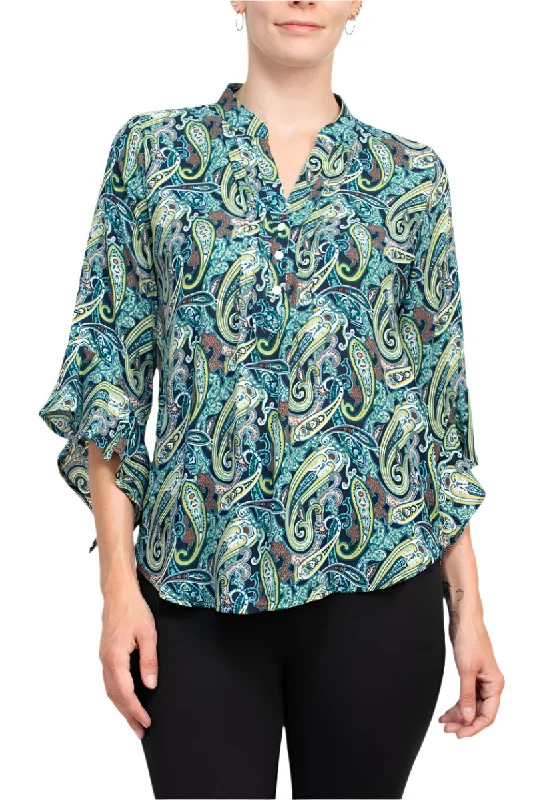 Running ShirtsCounterparts split neck button ruffle sleeve multi print chiffon blouse