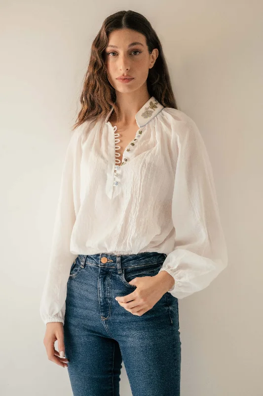 Ribbed Cuff ShirtsIvy Blouse - White by RosewaterHouse