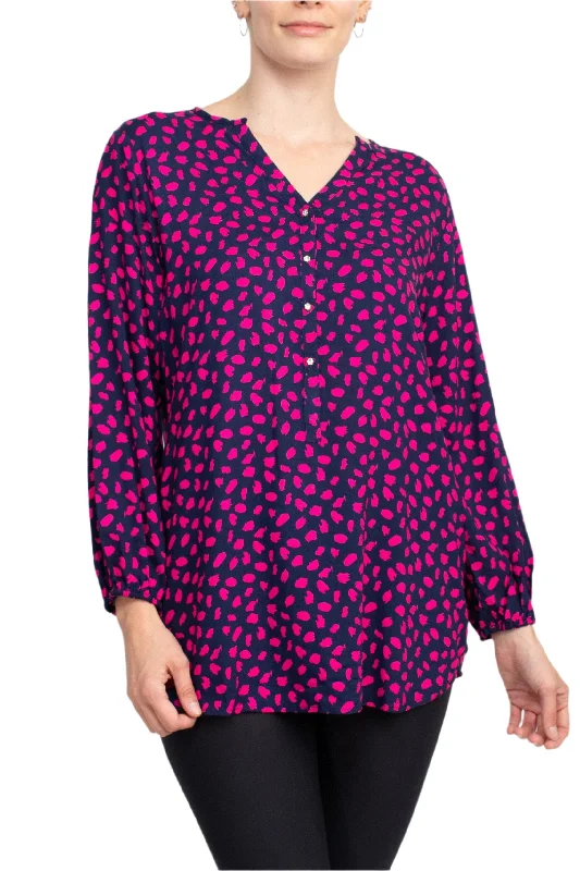 Outdoor ShirtsGrand & Greene V- Neck Rhinestone Button Detail 3/4 Bishop Sleeves with Elastic Hems Printed Rayon Blouse